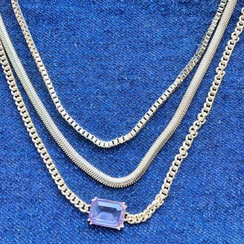 NWT! EVIE & EMMA-GOLD TONE MULTI-CHAIN TRIO NECKLACES WITH  LAVENDER GLASS STONE